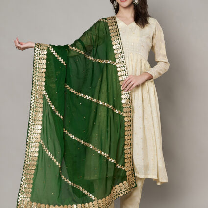 MUFFLY Women Green Silk Embellished Dupatta