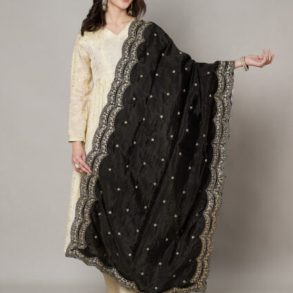 MUFFLY Women Black Silk Embroidered Dupatta