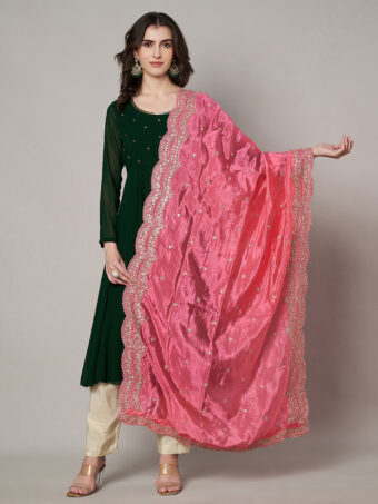 MUFFLY Women Pink Silk Embroidered Dupatta