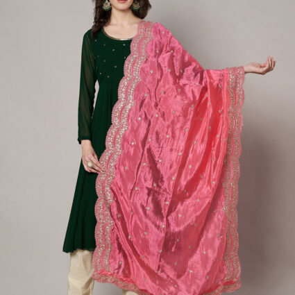 MUFFLY Women Pink Silk Embroidered Dupatta