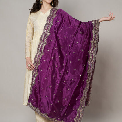 MUFFLY Women Purple Silk Embroidered Dupatta