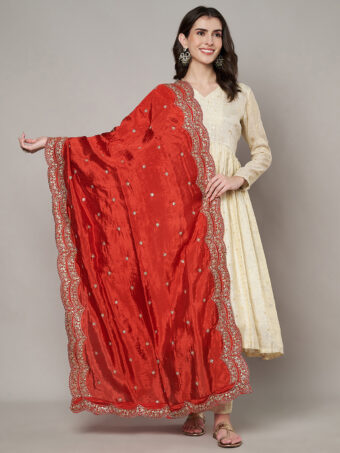 MUFFLY Women Red Silk Embroidered Dupatta