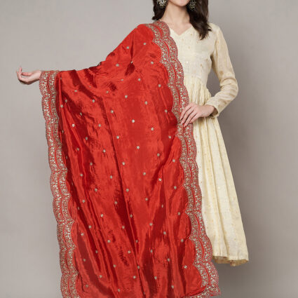 MUFFLY Women Red Silk Embroidered Dupatta