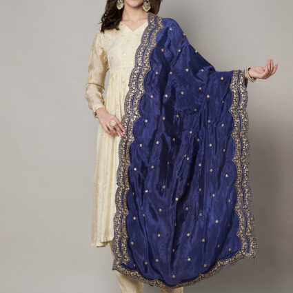 MUFFLY Women Blue Silk Embroidered Dupatta
