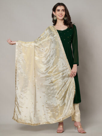 MUFFLY Women Off White Silk Embroidered Dupatta