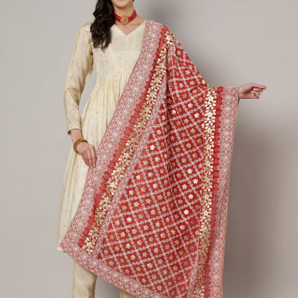 MUFFLY Red Georgette Lucknowi Dupatta with Gotta Patti Work