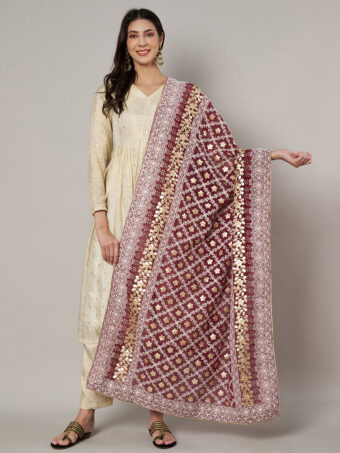 MUFFLY Maroon Georgette Lucknowi Dupatta with Gotta Patti Work