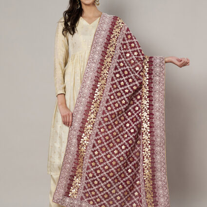 MUFFLY Maroon Georgette Lucknowi Dupatta with Gotta Patti Work