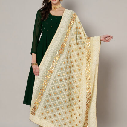 MUFFLY Beige Georgette Lucknowi Dupatta with Gotta Patti Work