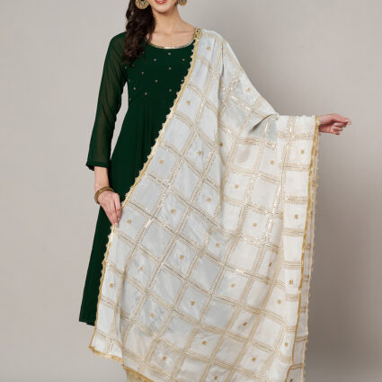 MUFFLY White Chinnon Dupatta with Sequence Embroidery Work