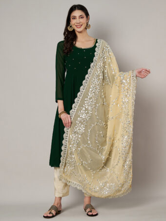 MUFFLY Beige Georgette Handcrafted Dupatta with Gotta Patti Work