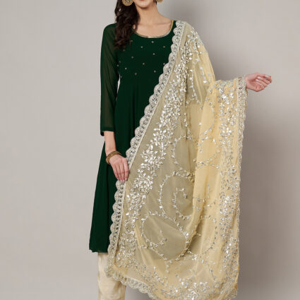 MUFFLY Beige Georgette Handcrafted Dupatta with Gotta Patti Work
