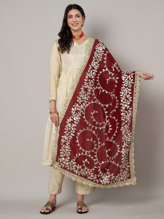 MUFFLY Maroon Georgette Handcrafted Dupatta with Gotta Patti Work
