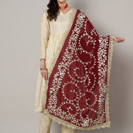 MUFFLY Maroon Georgette Handcrafted Dupatta with Gotta Patti Work