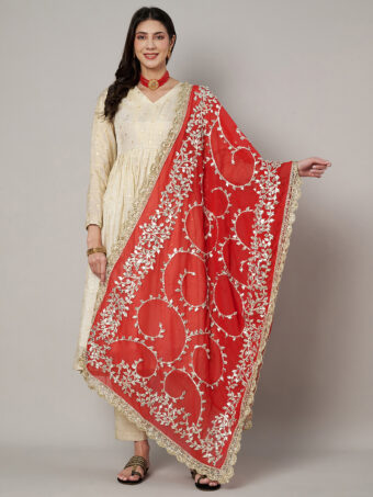 MUFFLY Red Georgette Handcrafted Dupatta with Gotta Patti Work