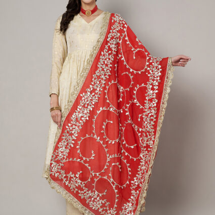 MUFFLY Red Georgette Handcrafted Dupatta with Gotta Patti Work