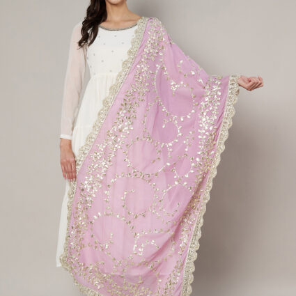 MUFFLY Lavender Georgette Handcrafted Dupatta with Gotta Patti Work