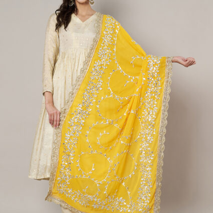 MUFFLY Yellow Georgette Handcrafted Dupatta with Gotta Patti Work