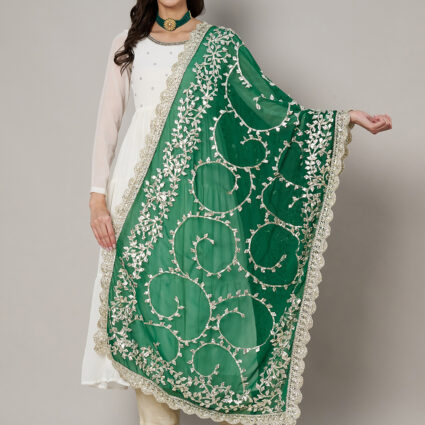 MUFFLY Green Georgette Handcrafted Dupatta with Gotta Patti Work
