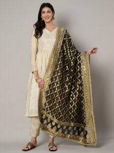 MUFFLY Georgette Bandhani Black Dupatta with Heavy Traditional Embroidery Cut Stone Work