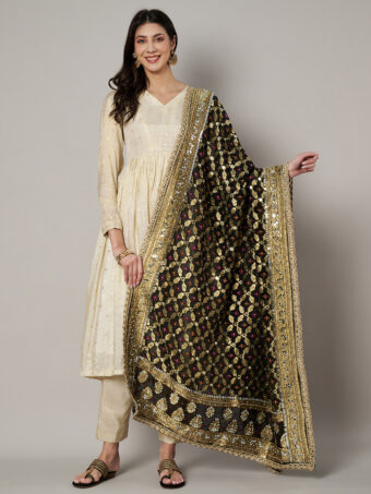 MUFFLY Georgette Bandhani Black Dupatta with Heavy Traditional Embroidery Cut Stone Work