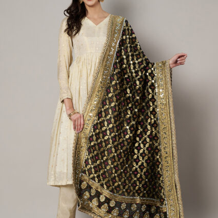 MUFFLY Georgette Bandhani Black Dupatta with Heavy Traditional Embroidery Cut Stone Work