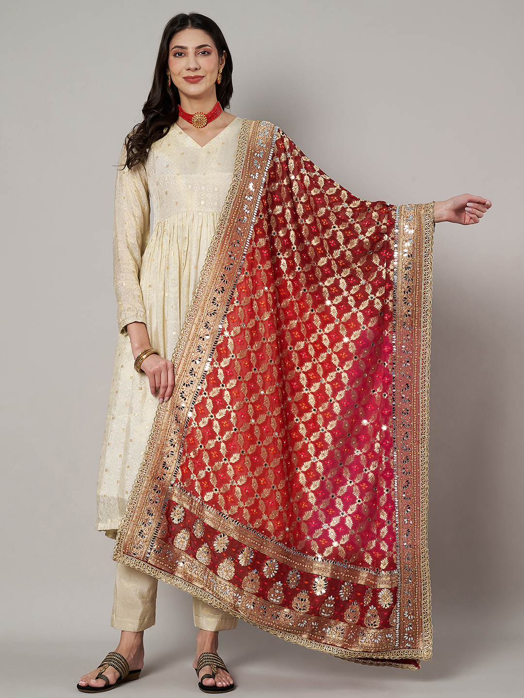 MUFFLY Georgette Tie Dye Bandhani Multi Color Dupatta with Heavy Embroidery Cut Stone Work