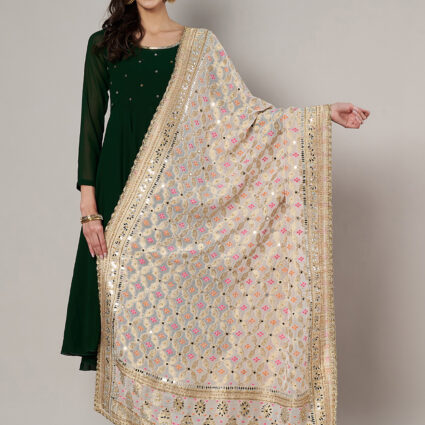 MUFFLY Georgette Bandhani Off White Dupatta with Heavy Traditional Embroidery Cut Stone Work