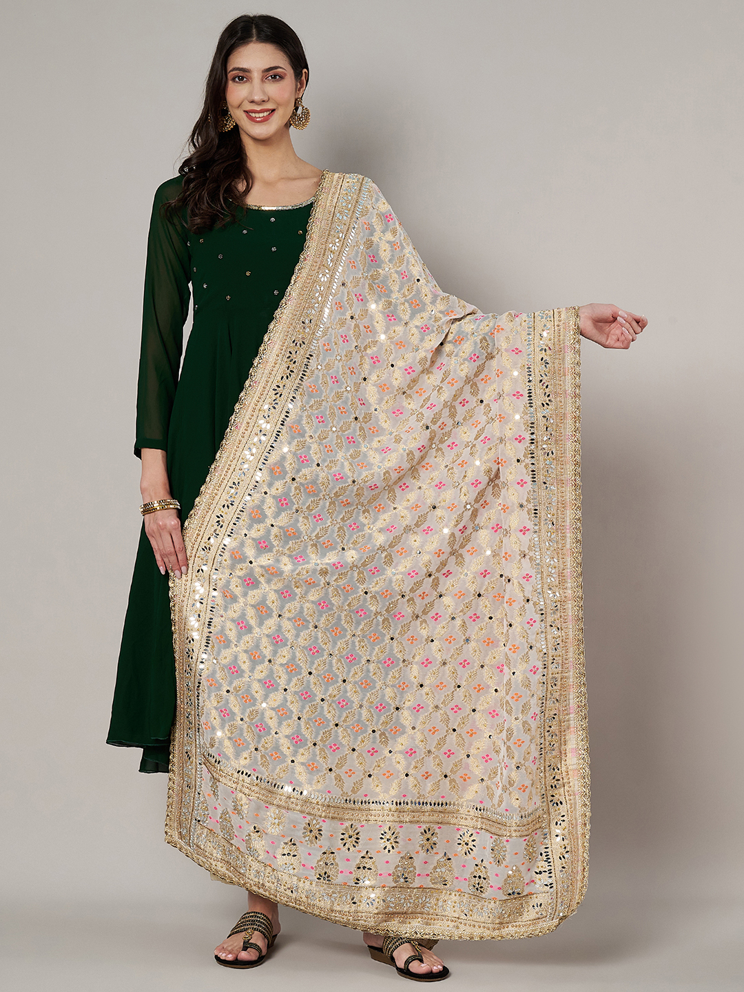 MUFFLY Georgette Bandhani Off White Dupatta with Heavy Traditional Embroidery Cut Stone Work