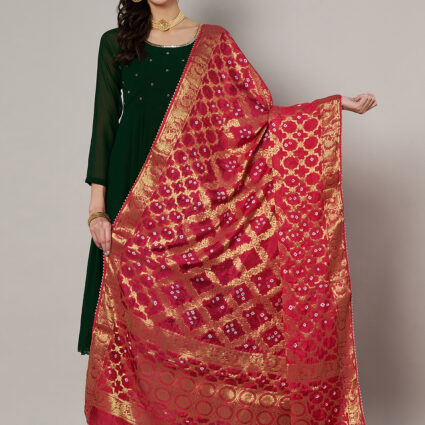 MUFFLY Women Banarasi Designer Bandhej Gharchola Silk Red Dupatta with Gota Lace