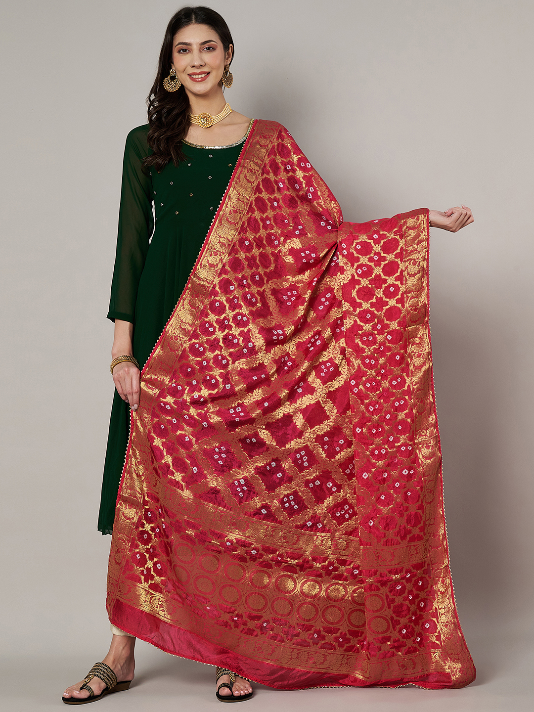 MUFFLY Women Banarasi Designer Bandhej Gharchola Silk Red Dupatta with Gota Lace