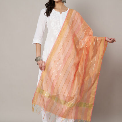MUFFLY Women Multicolour Striped Poly Chanderi Cotton Dupatta