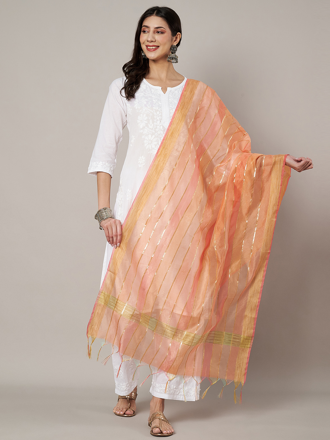 MUFFLY Women Multicolour Striped Poly Chanderi Cotton Dupatta