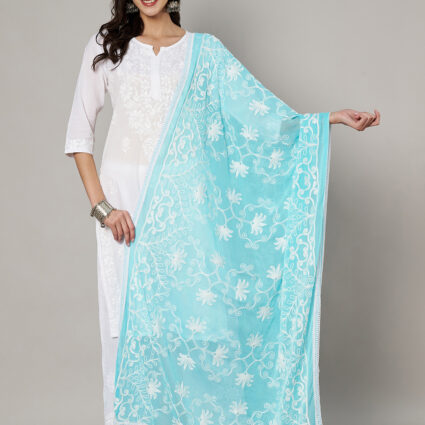 MUFFLY Women Embroidered Chiffon Sky Blue Dupatta