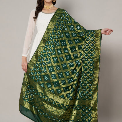 MUFFLY Women Banarasi Designer Bandhej Gharchola Silk Green Dupatta with Gota Lace