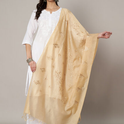 MUFFLY Women Embroidered Chanderi Cotton Beige Dupatta