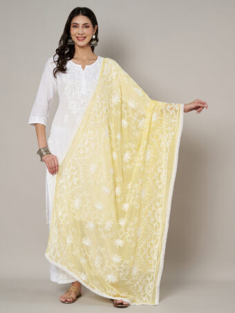 MUFFLY Women Embroidered Chiffon Yellow Dupatta