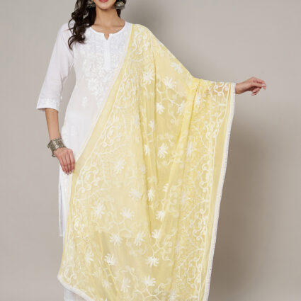 MUFFLY Women Embroidered Chiffon Yellow Dupatta