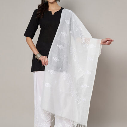 MUFFLY Women Embroidered Chanderi Cotton White Dupatta