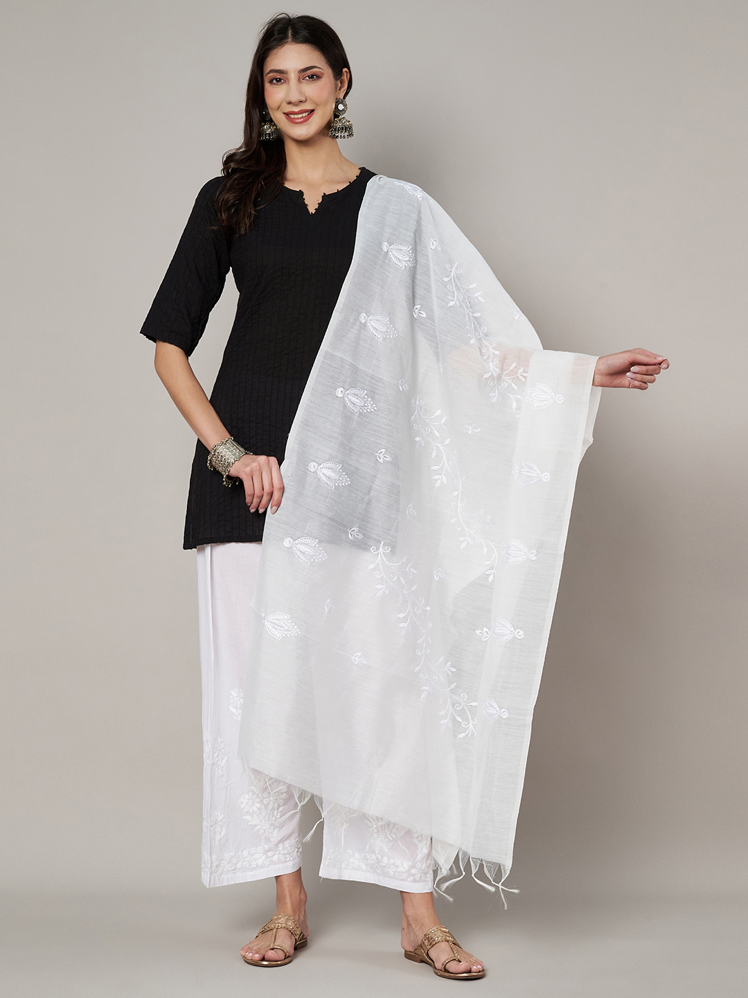 MUFFLY Women Embroidered Chanderi Cotton White Dupatta