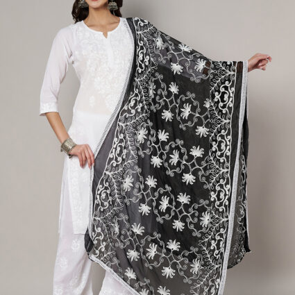MUFFLY Women Embroidered Chiffon Black Dupatta