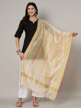 MUFFLY Women Multicolour Striped Poly Chanderi Cotton Dupatta