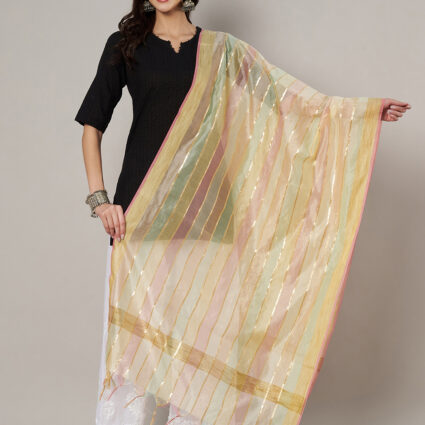 MUFFLY Women Multicolour Striped Poly Chanderi Cotton Dupatta