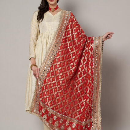 MUFFLY Georgette Bandhani Red Dupatta with Heavy Traditional Embroidery Cut Stone Work