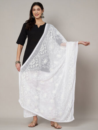 MUFFLY Women Embroidered Chiffon White Dupatta