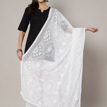 MUFFLY Women Embroidered Chiffon White Dupatta