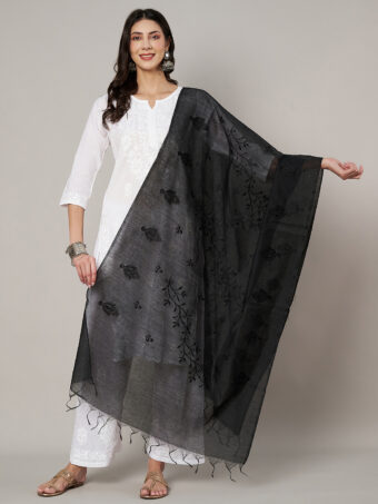 MUFFLY Women Embroidered Chanderi Cotton Black Dupatta
