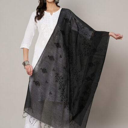 MUFFLY Women Embroidered Chanderi Cotton Black Dupatta
