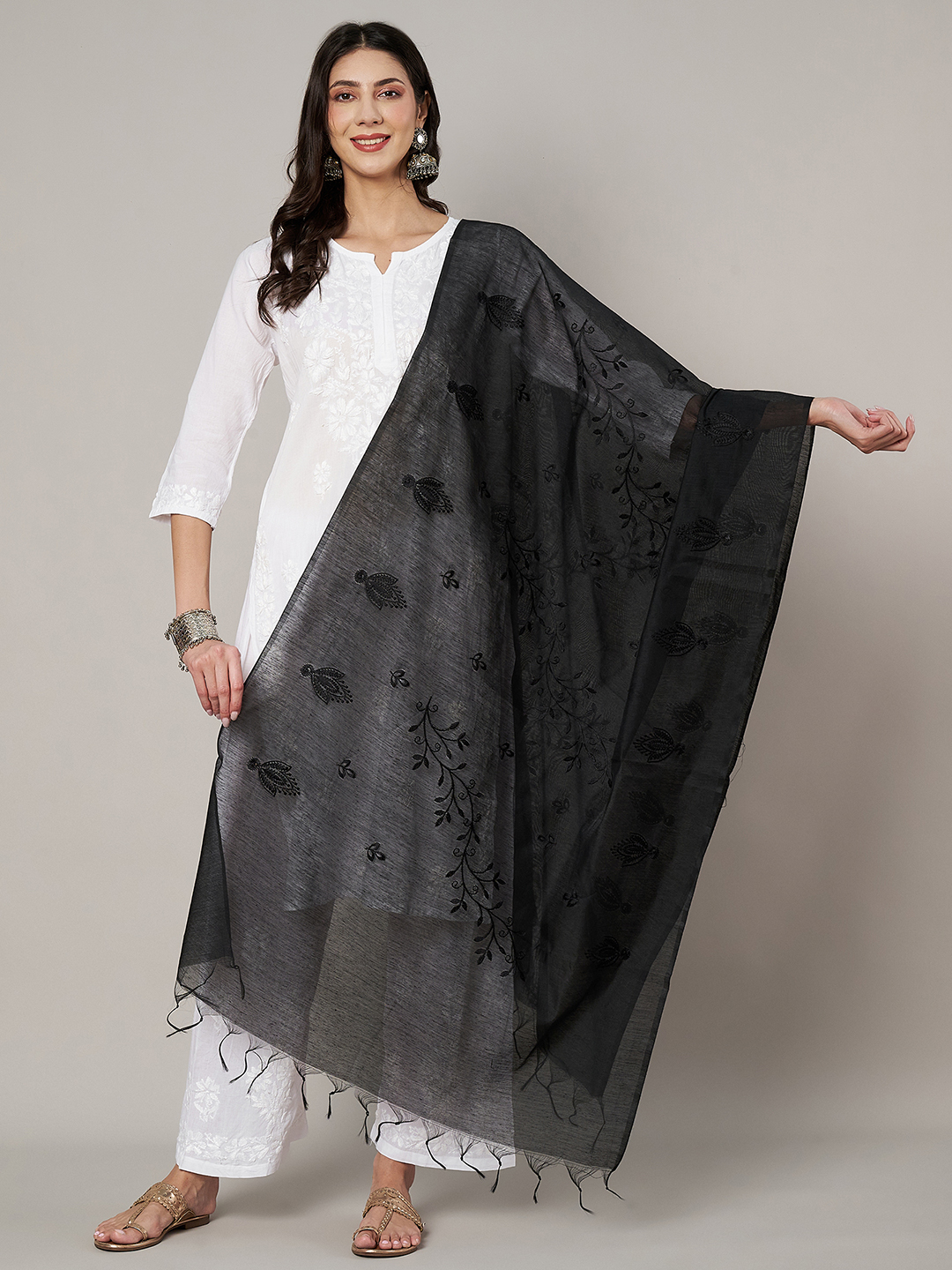 MUFFLY Women Embroidered Chanderi Cotton Black Dupatta