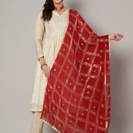 MUFFLY Red Chinnon Dupatta with Sequence Embroidery Work